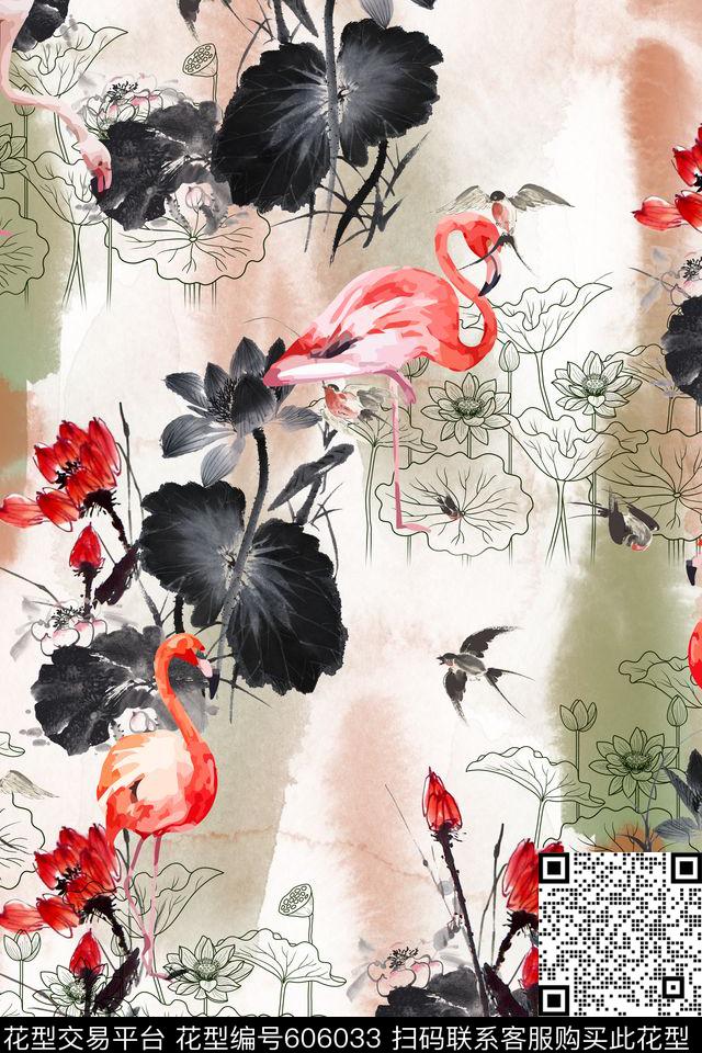 L.D~水墨L.D~花卉鸟类L.D~中国风数码印花华亿平台下载（图片编号: 606033） - 瓦栏（Walan）
