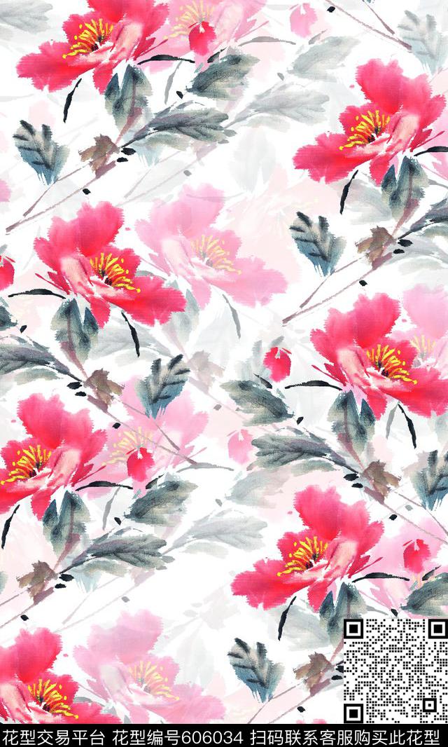 水彩风格花卉牡丹数码印花华亿平台下载（图片编号: 606034） - 瓦栏（Walan）