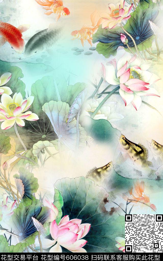 中国风炫彩荷花数码印花华亿平台下载（图片编号: 606038） - 瓦栏（Walan）