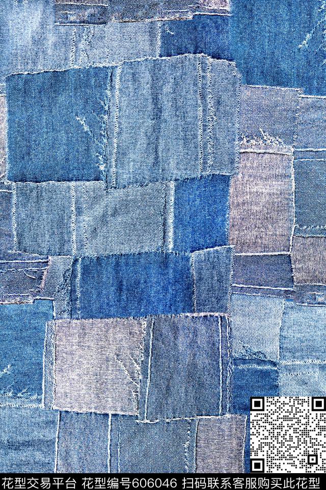 牛仔布几何格子拼接数码印花华亿平台下载（图片编号: 606046） - 瓦栏（Walan）