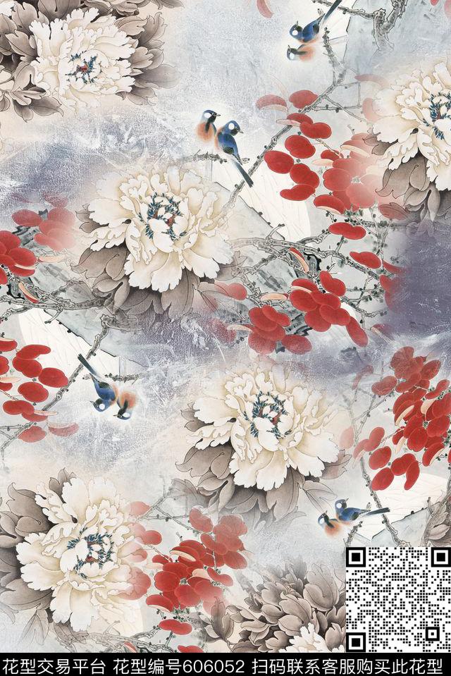 面料花牡丹花鸟数码印花华亿平台下载（图片编号: 606052） - 瓦栏（Walan）