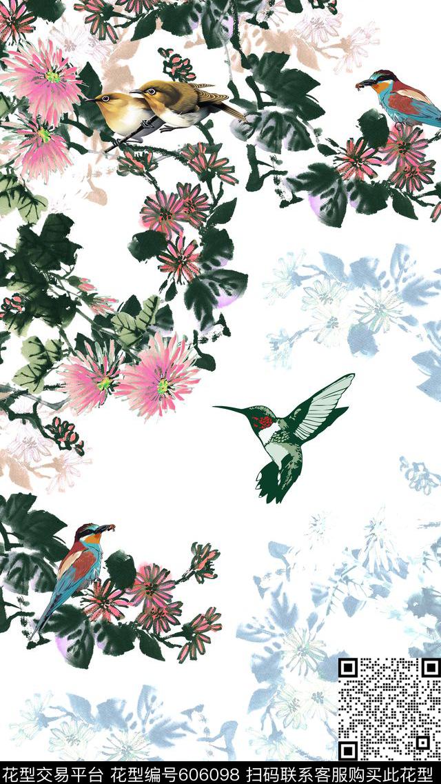 中国风水墨画风格菊花数码印花华亿平台下载（图片编号: 606098） - 瓦栏（Walan）