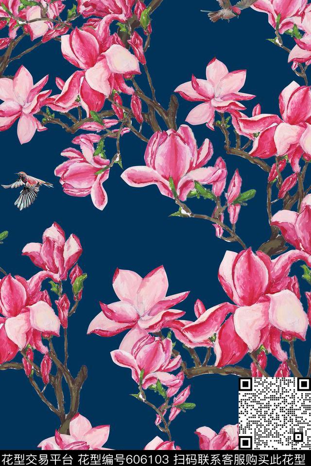 手绘花卉原创桃花数码印花华亿平台下载（图片编号: 606103） - 瓦栏（Walan）