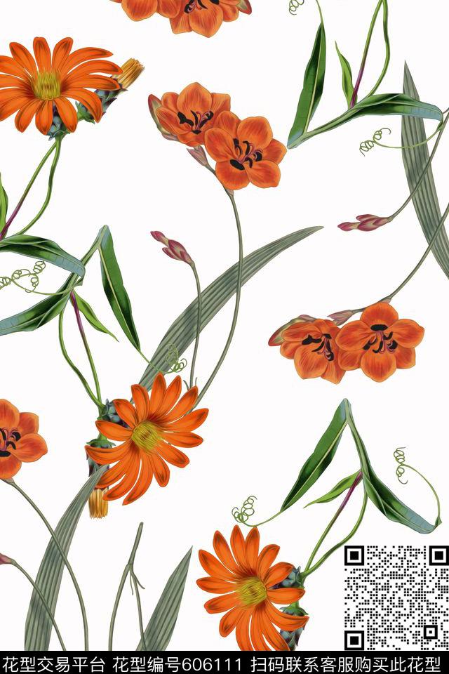 手绘水彩花卉女装数码印花华亿平台下载（图片编号: 606111） - 瓦栏（Walan）