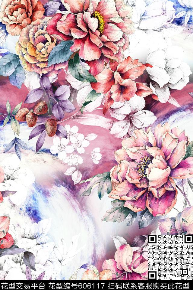 大花时尚水彩数码印花华亿平台下载（图片编号: 606117） - 瓦栏（Walan）