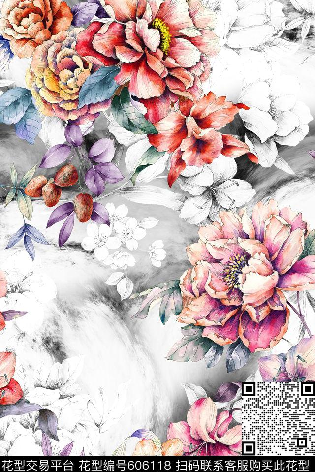 大花时尚水彩数码印花华亿平台下载（图片编号: 606118） - 瓦栏（Walan）