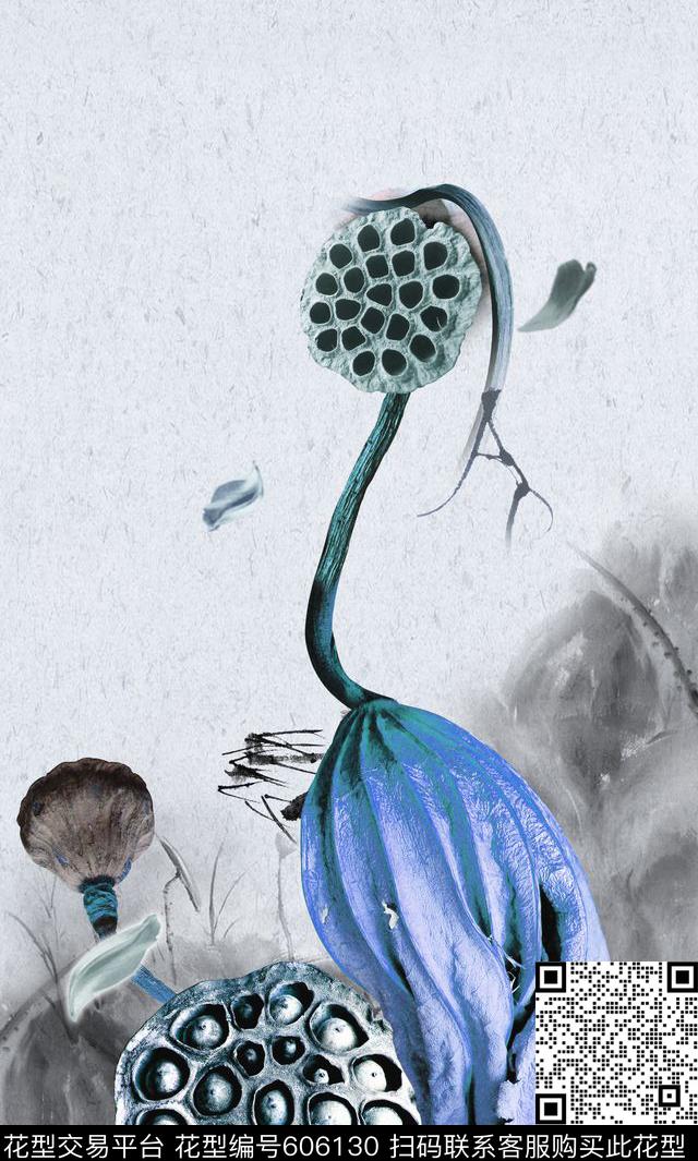 水墨花卉荷花花卉数码印花华亿平台下载（图片编号: 606130） - 瓦栏（Walan）