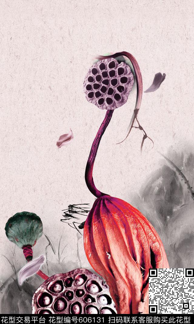 水墨花卉荷花花卉数码印花华亿平台下载（图片编号: 606131） - 瓦栏（Walan）