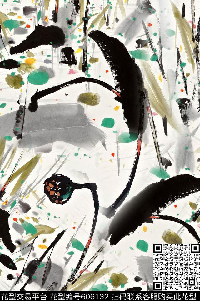 抽象水墨花卉肌理数码印花华亿平台下载（图片编号: 606132） - 瓦栏（Walan）