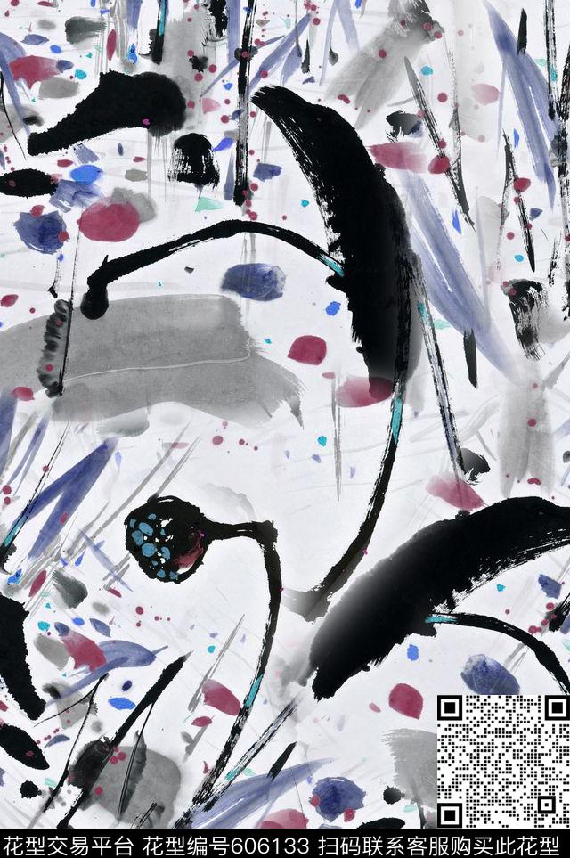 抽象水墨花卉肌理数码印花华亿平台下载（图片编号: 606133） - 瓦栏（Walan）