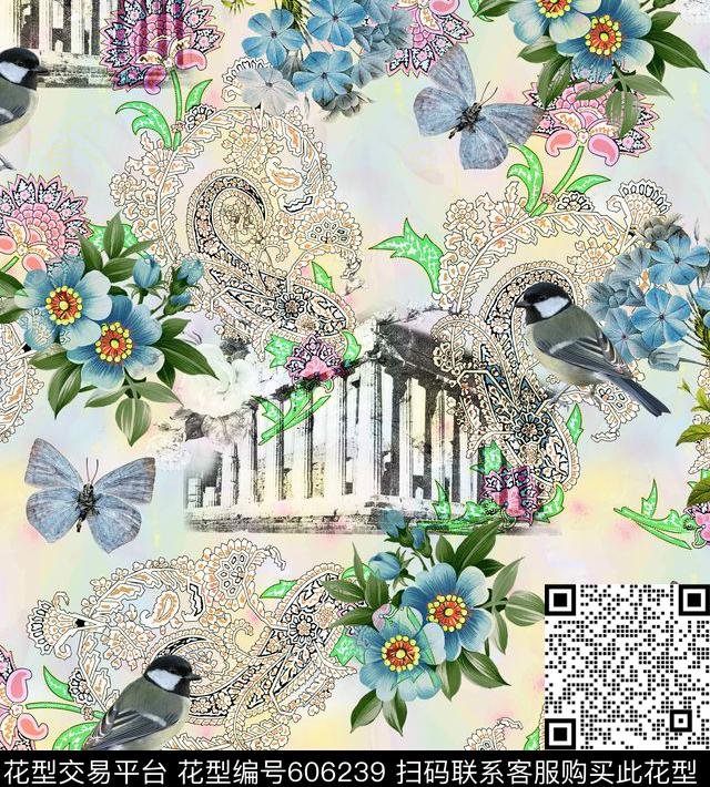 花卉建筑数码印花华亿平台下载（图片编号: 606239） - 瓦栏（Walan）