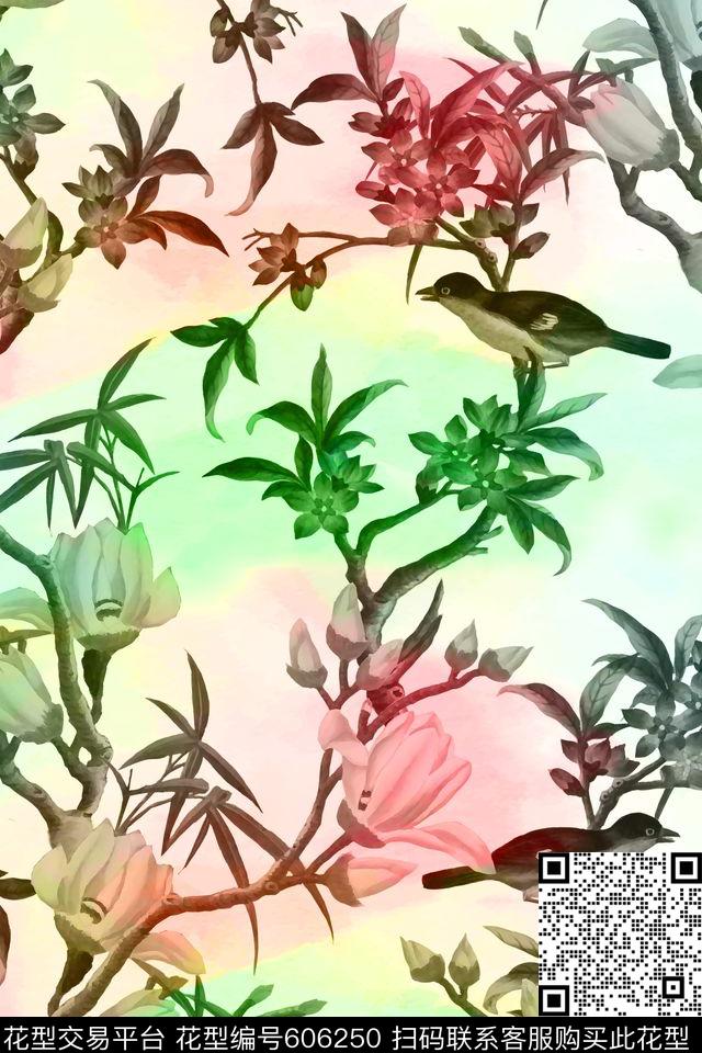水彩晕染花鸟中国风数码印花华亿平台下载（图片编号: 606250） - 瓦栏（Walan）
