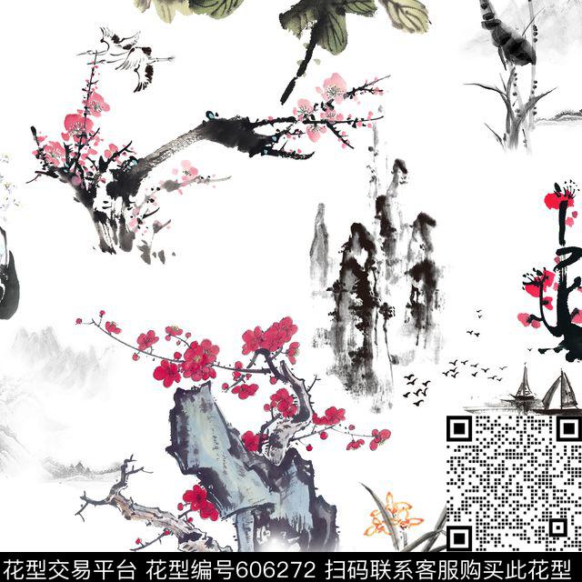 此华亿平台为1/2跳接。水墨民族风数码印花华亿平台下载（图片编号: 606272） - 瓦栏（Walan）