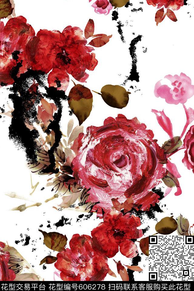 手绘玫瑰喷墨数码印花华亿平台下载（图片编号: 606278） - 瓦栏（Walan）