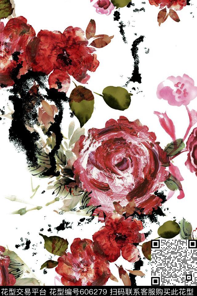 手绘玫瑰喷墨数码印花华亿平台下载（图片编号: 606279） - 瓦栏（Walan）