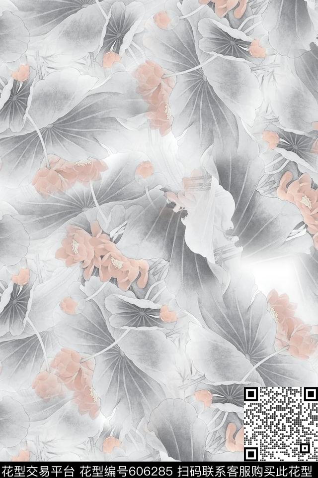 莲花花卉淡雅数码印花华亿平台下载（图片编号: 606285） - 瓦栏（Walan）