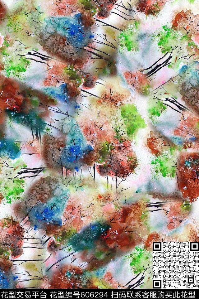 手绘油画风格彩色树裙子印花外套夹克印花数码印花华亿平台下载（图片编号: 606294） - 瓦栏（Walan）