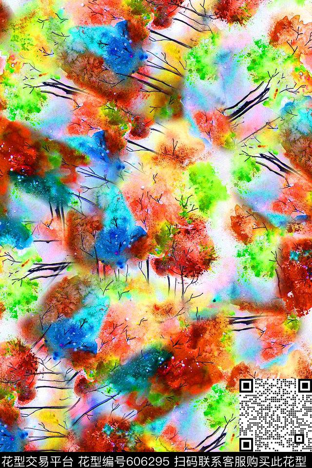 手绘油画风格彩色树裙子印花外套夹克印花数码印花华亿平台下载（图片编号: 606295） - 瓦栏（Walan）