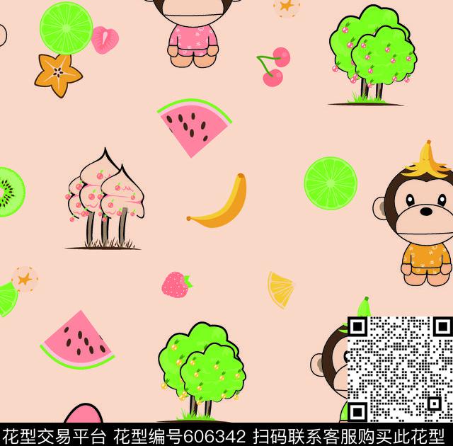 小猴卡通水果传统印花华亿平台下载（图片编号: 606342） - 瓦栏（Walan）