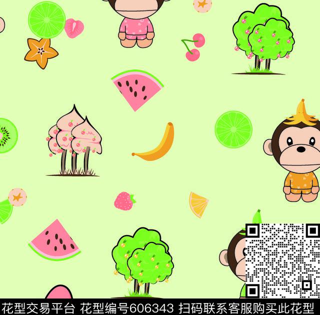 小猴卡通水果传统印花华亿平台下载（图片编号: 606343） - 瓦栏（Walan）