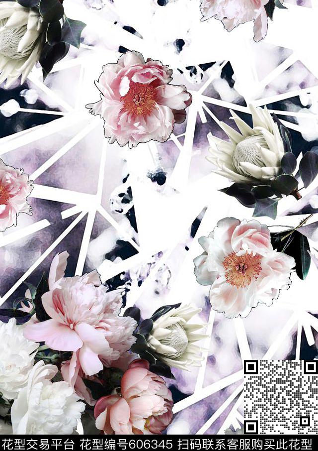不规则几何鲜花数码印花华亿平台下载（图片编号: 606345） - 瓦栏（Walan）