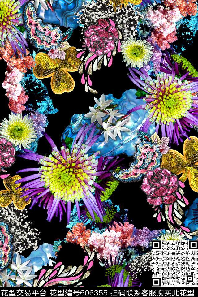 花卉宝石花波浪纹数码印花华亿平台下载（图片编号: 606355） - 瓦栏（Walan）