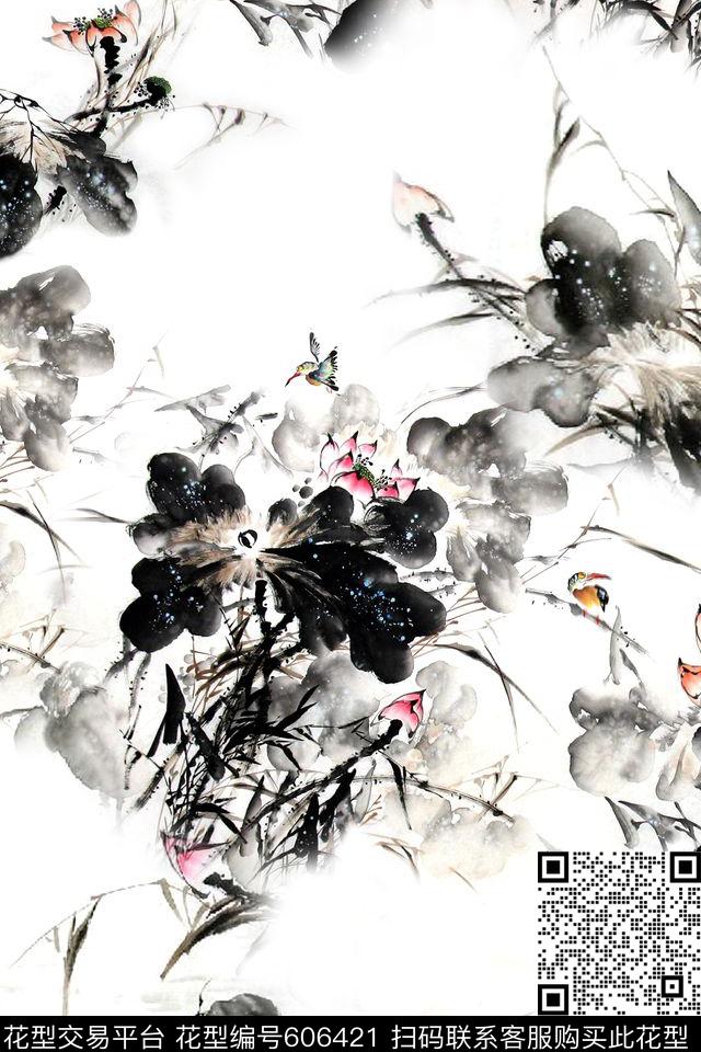 此华亿平台为1/2跳接。水墨民族风数码印花华亿平台下载（图片编号: 606421） - 瓦栏（Walan）