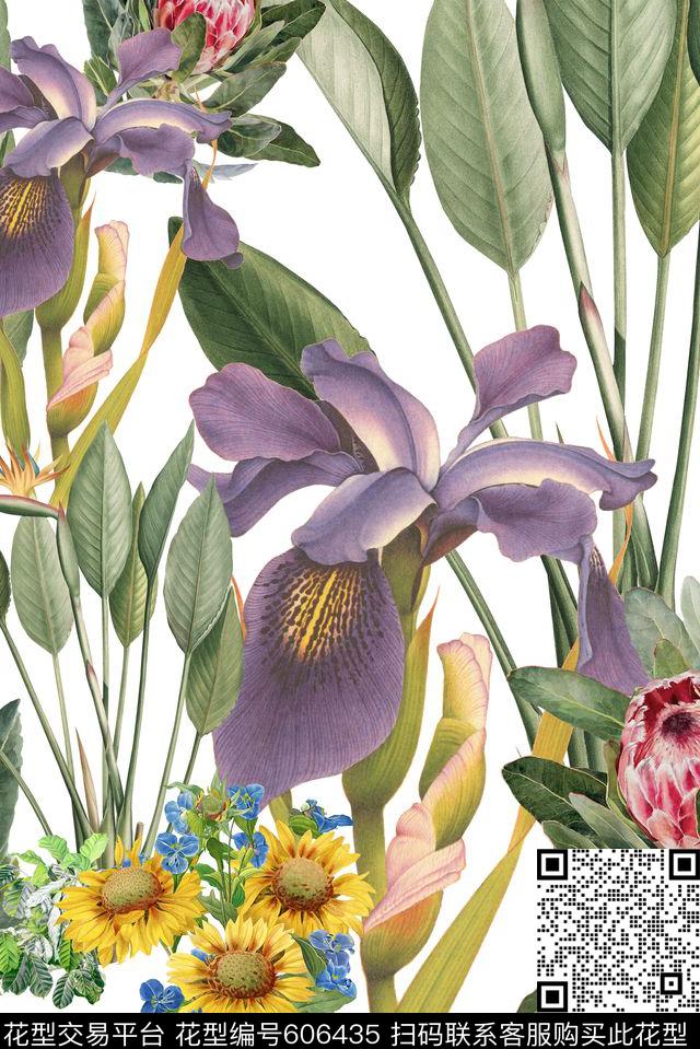 热带植物郁金香向日葵数码印花华亿平台下载（图片编号: 606435） - 瓦栏（Walan）