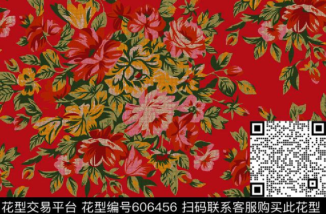仿绣几何花手绘花数码印花华亿平台下载（图片编号: 606456） - 瓦栏（Walan）