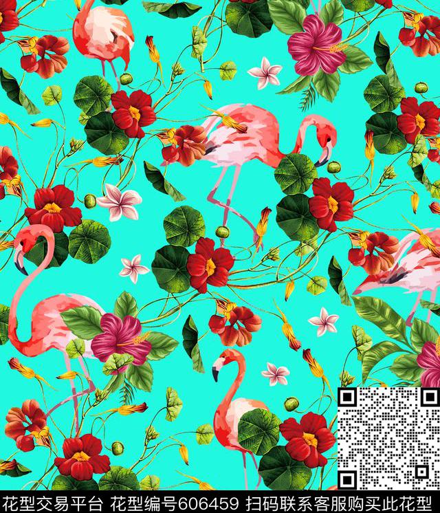 夏威夷风情花卉火鸟数码印花华亿平台下载（图片编号: 606459） - 瓦栏（Walan）