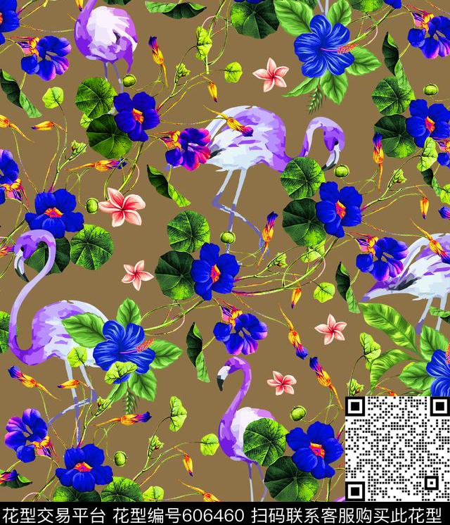 夏威夷风情花卉火鸟数码印花华亿平台下载（图片编号: 606460） - 瓦栏（Walan）