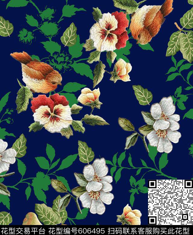 小鸟刺绣蝴蝶花数码印花华亿平台下载（图片编号: 606495） - 瓦栏（Walan）