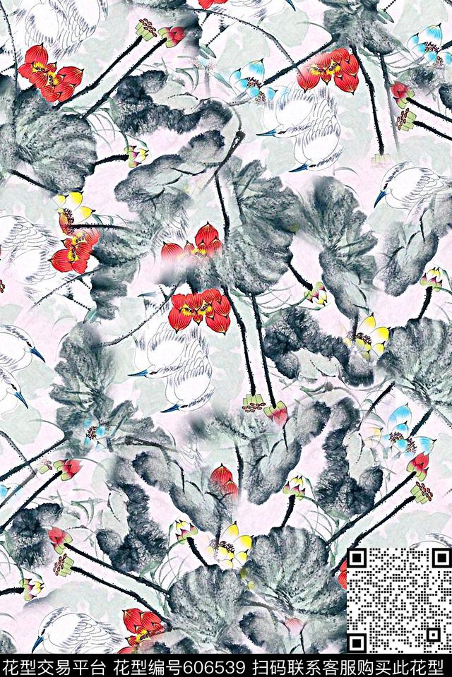 中国风水墨荷花旗袍印花数码印花华亿平台下载（图片编号: 606539） - 瓦栏（Walan）