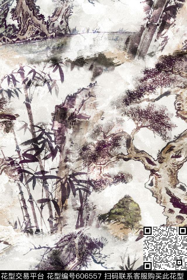 中国风手绘水墨竹子古树数码印花华亿平台下载（图片编号: 606557） - 瓦栏（Walan）