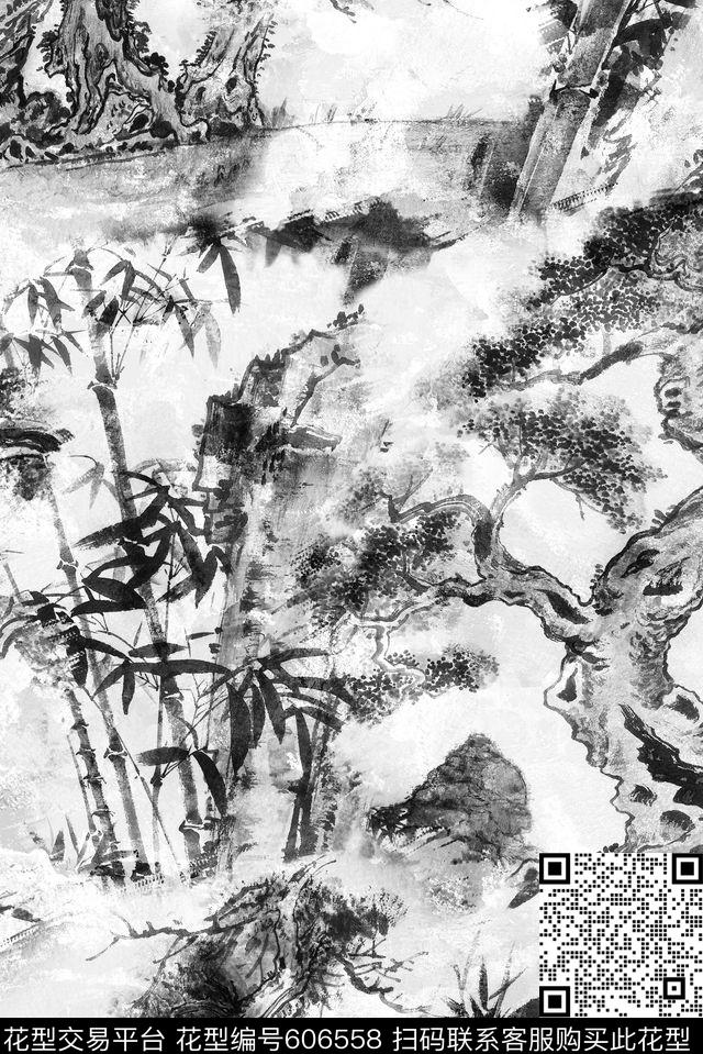 中国风手绘水墨竹子古树数码印花华亿平台下载（图片编号: 606558） - 瓦栏（Walan）