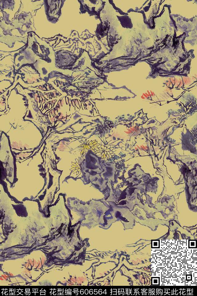 中国风中国水墨绘画复古怀旧数码印花华亿平台下载（图片编号: 606564） - 瓦栏（Walan）