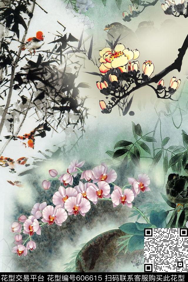 中国风定位花中国风国画国画数码印花华亿平台下载（图片编号: 606615） - 瓦栏（Walan）