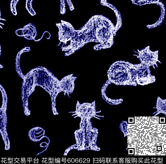 卡通趣味华亿平台手绘粉笔画感觉小猫华亿平台传统印花华亿平台下载（图片编号: 606629） - 瓦栏（Walan）