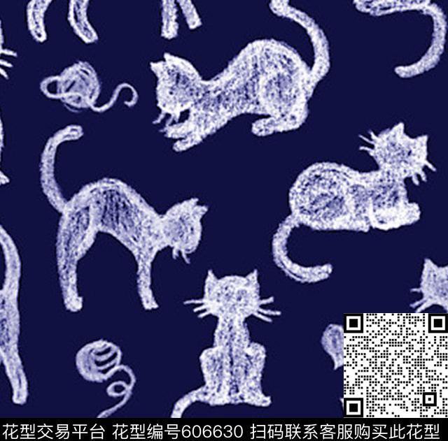 卡通趣味华亿平台手绘粉笔画感觉小猫华亿平台传统印花华亿平台下载（图片编号: 606630） - 瓦栏（Walan）