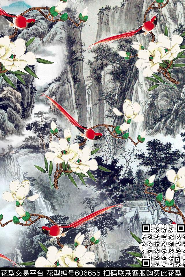 面料花中国风水墨花卉中国风国画数码印花华亿平台下载（图片编号: 606655） - 瓦栏（Walan）