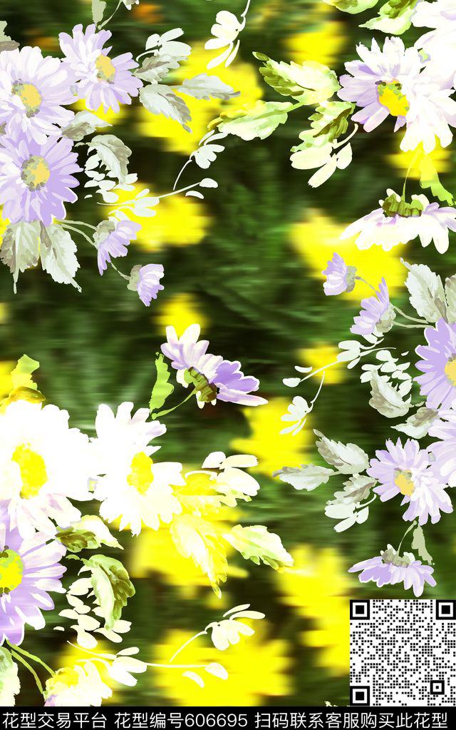 浪漫写意水彩花卉菊花数码印花华亿平台下载（图片编号: 606695） - 瓦栏（Walan）