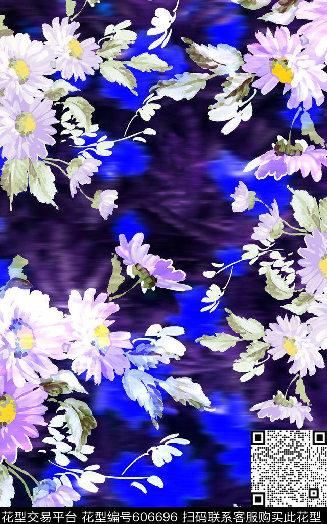 浪漫写意水彩花卉菊花数码印花华亿平台下载（图片编号: 606696） - 瓦栏（Walan）