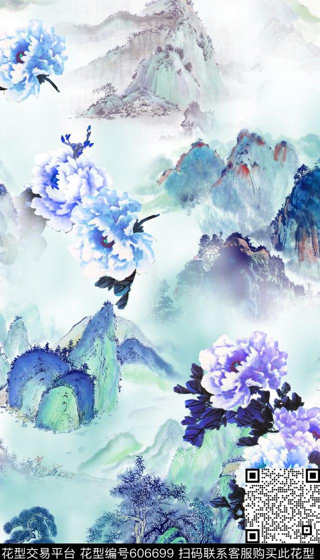 中国风牡丹水墨数码印花华亿平台下载（图片编号: 606699） - 瓦栏（Walan）