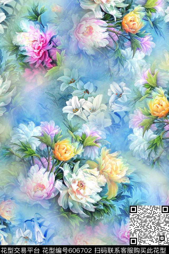 中国风花卉牡丹数码印花华亿平台下载（图片编号: 606702） - 瓦栏（Walan）