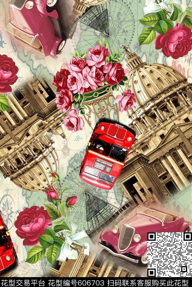 花卉建筑汽车数码印花华亿平台下载（图片编号: 606703） - 瓦栏（Walan）