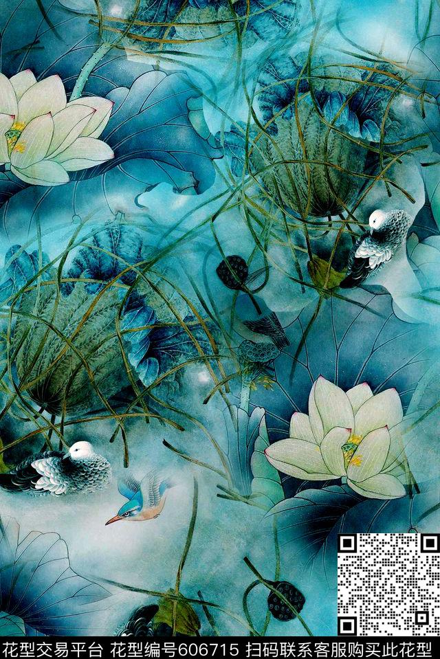 水彩花朵山水画数码印花华亿平台下载（图片编号: 606715） - 瓦栏（Walan）