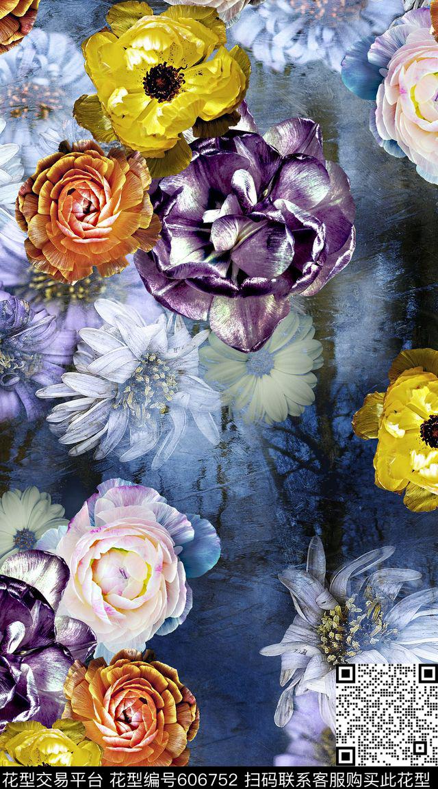 水纹创意花卉数码印花华亿平台下载（图片编号: 606752） - 瓦栏（Walan）