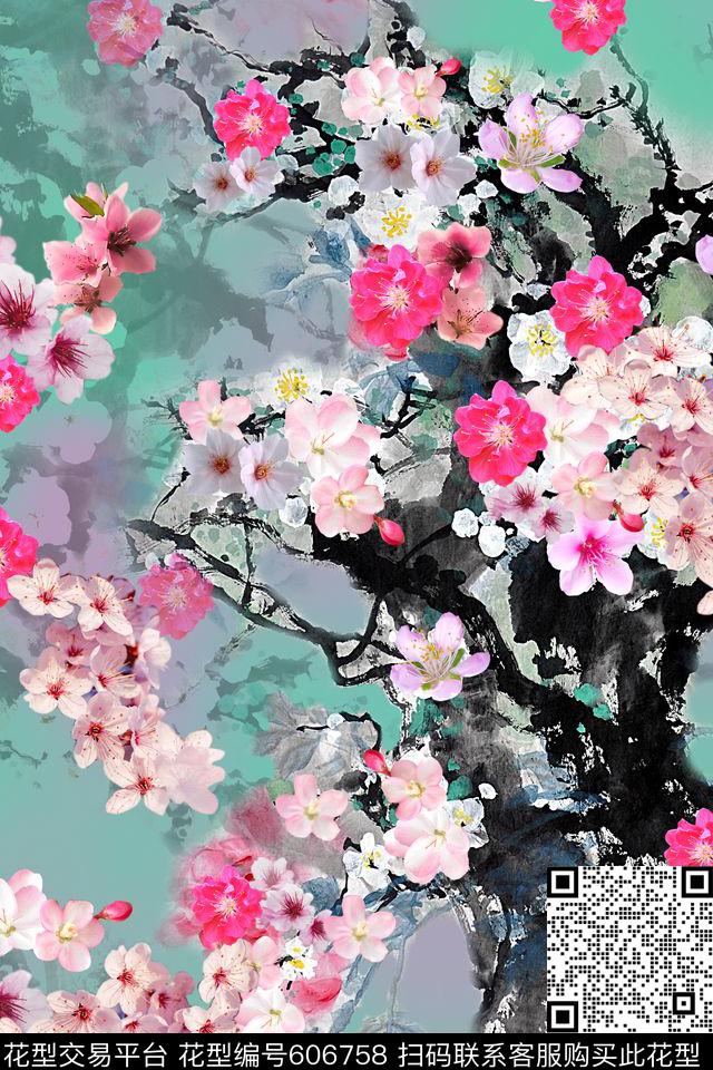 梅花花卉写意国画手绘拼接数码印花华亿平台下载（图片编号: 606758） - 瓦栏（Walan）