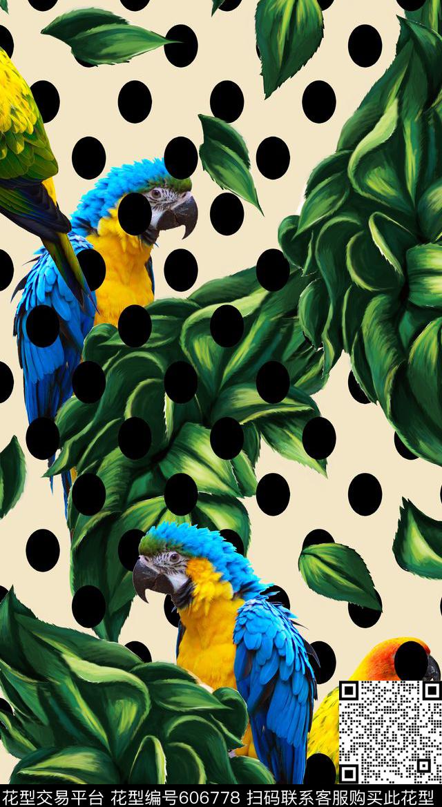 鹦鹉点子树叶数码印花华亿平台下载（图片编号: 606778） - 瓦栏（Walan）
