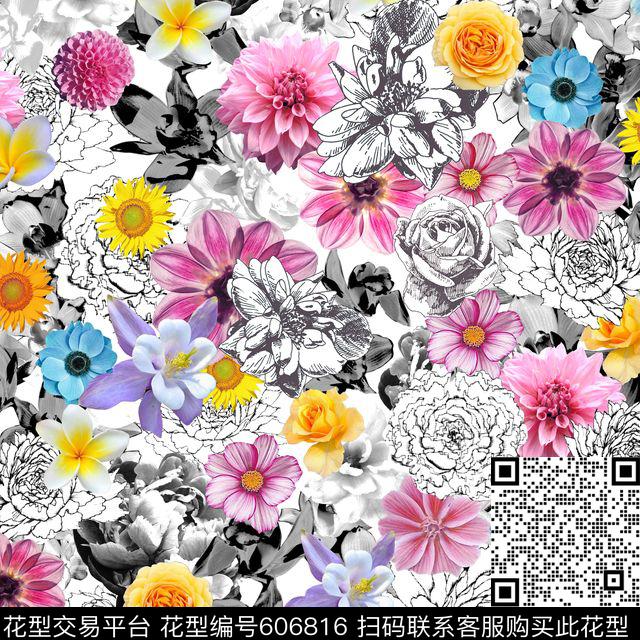 黑白花卉时尚数码印花华亿平台下载（图片编号: 606816） - 瓦栏（Walan）